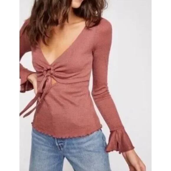 Free People Top Say When Babydoll Blouse Pink Gold Shimmer Sparkle Metallic Glam - Picture 1 of 9